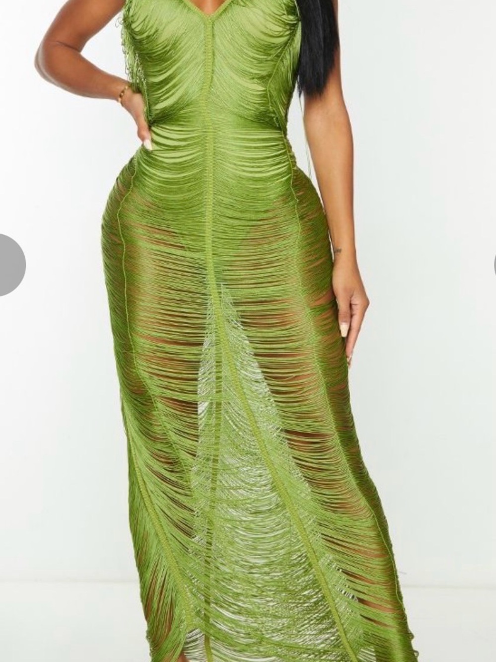 Olive Green Sheer Fringe Maxi Dress